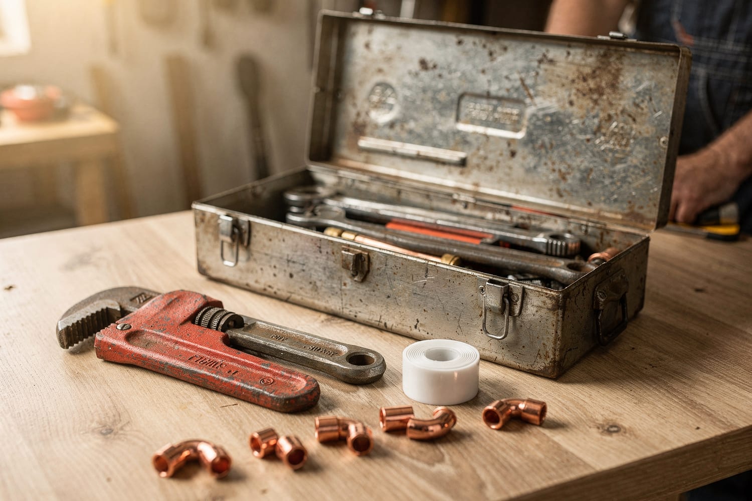 A plumber’s tools and copper fittings laid out on a clean workbench